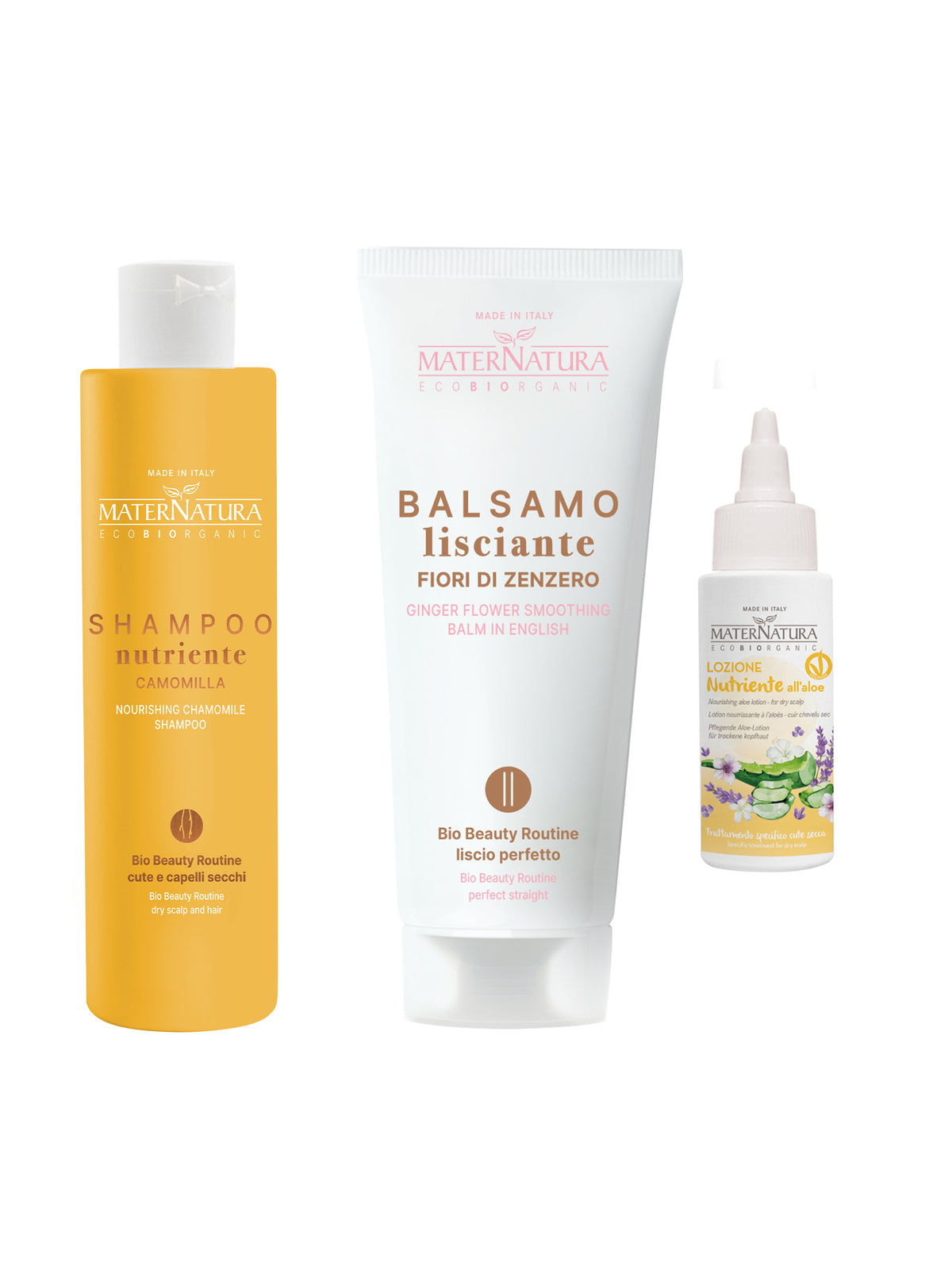 Shampoo camomilla + balsamo al fiore di zenzero + lozione all'aloe