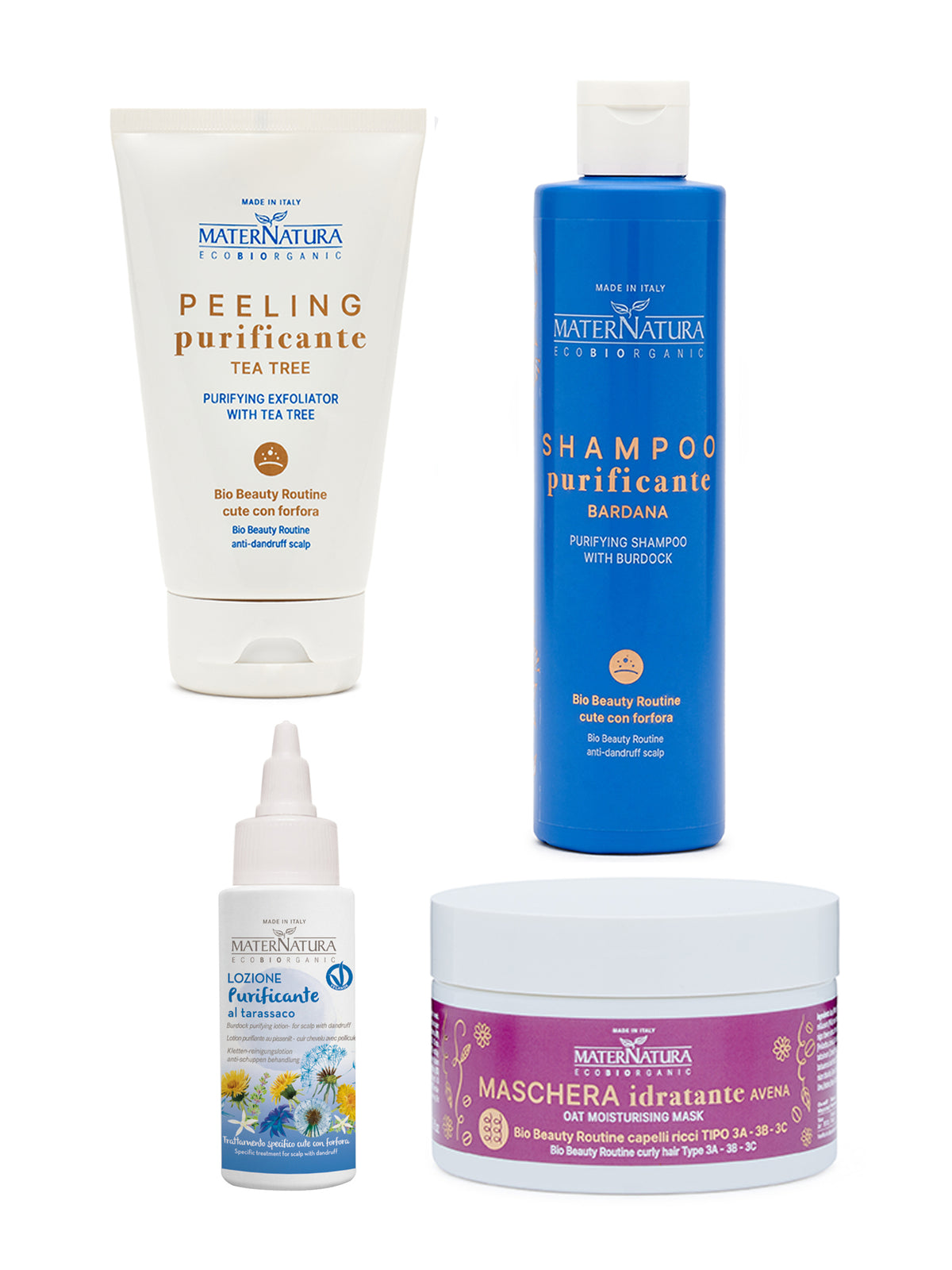 Peeling forfora + shampoo bardana + lozione tarassaco + maschera avena