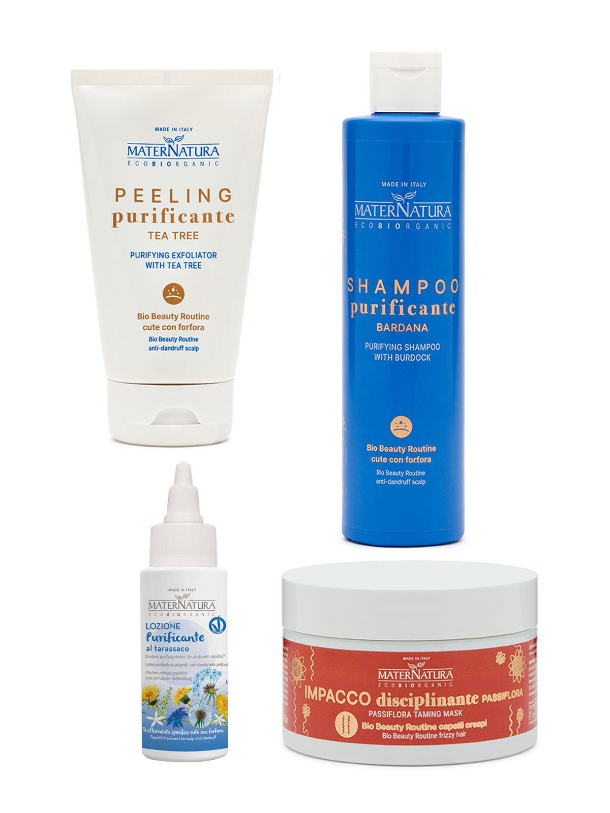 peeling tea tree + shampoo bardana + lozione tarassaco + impacco passiflora