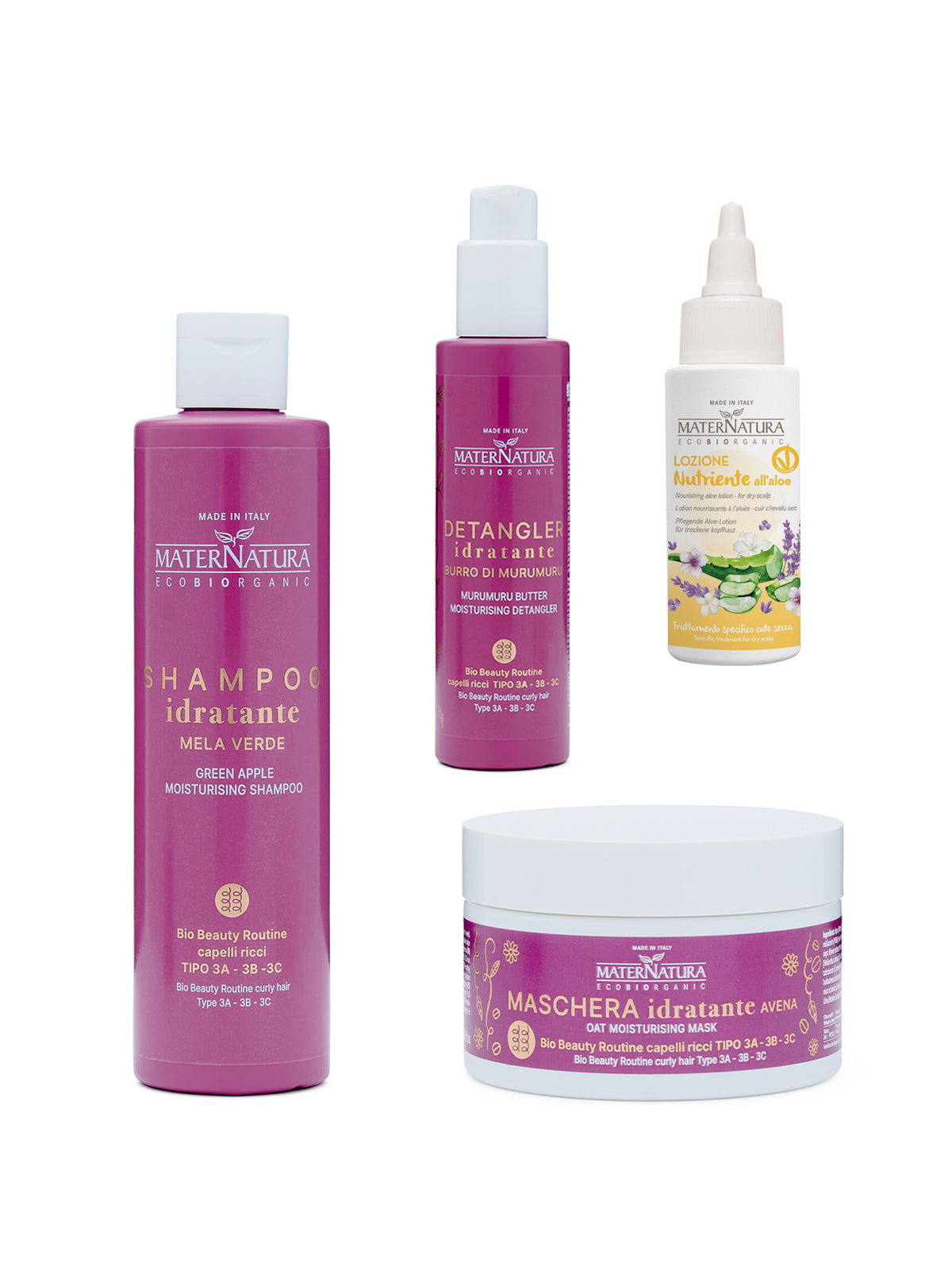 Shampoo mela verde + detangler burro di murumuru + lozione aloe + maschera avena