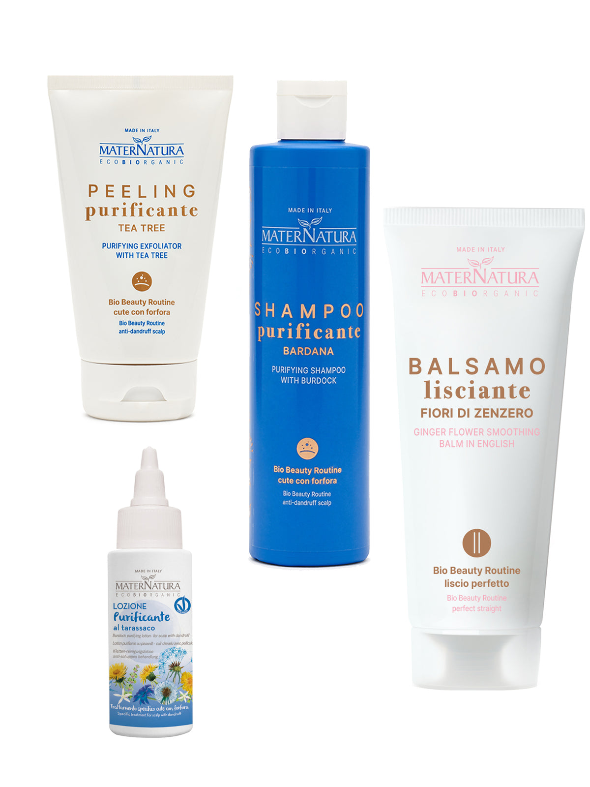 peeling tea tree + shampoo bardana + lozione tarassaco + balsamo al fiore di zenzero