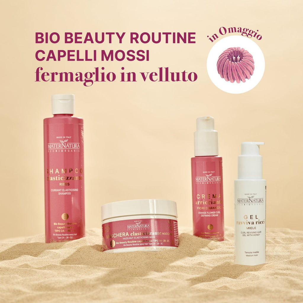 Shampoo elasticizzante, maschera nocciole, Crema arricciante ai fiori di arancio, Gel Ravviva Ricci con Miele
